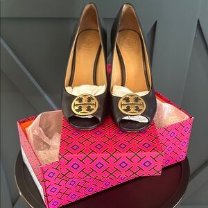 Tory Burch Black and Gold Peep-Toe Heels